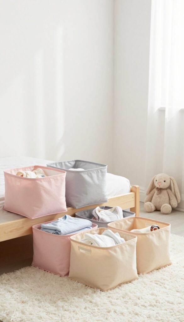 Under-bed storage with fabric bins in a toddler girl's bedroom