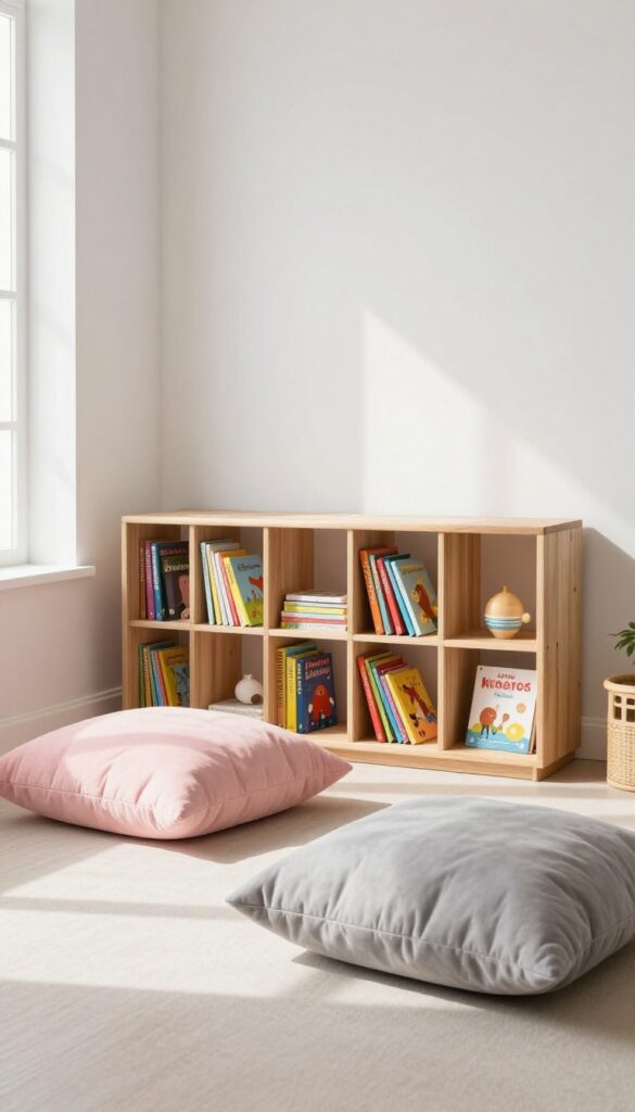 Cozy corner with low bookshelf and oversized floor cushions in a toddler girl's bedroom