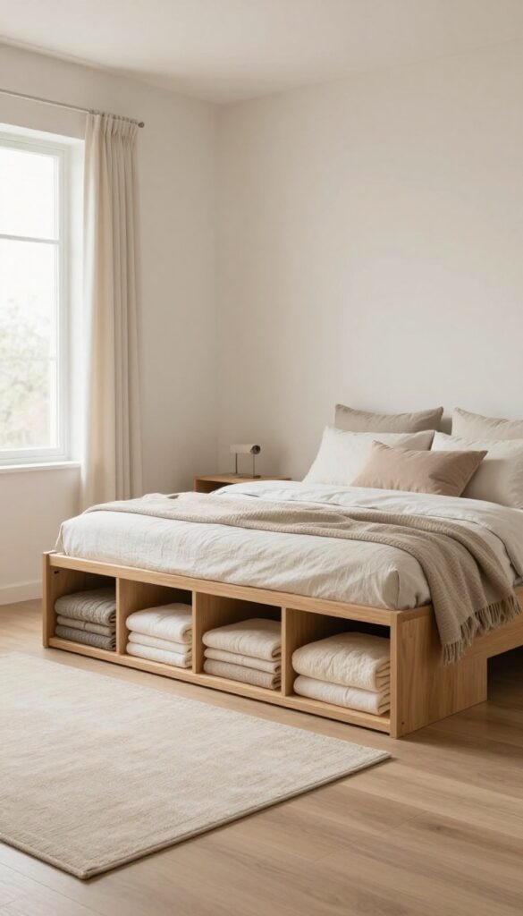 Guest bedroom with a storage bed frame featuring built-in drawers, organized with blankets and pillows, warm natural light, minimalist decor.