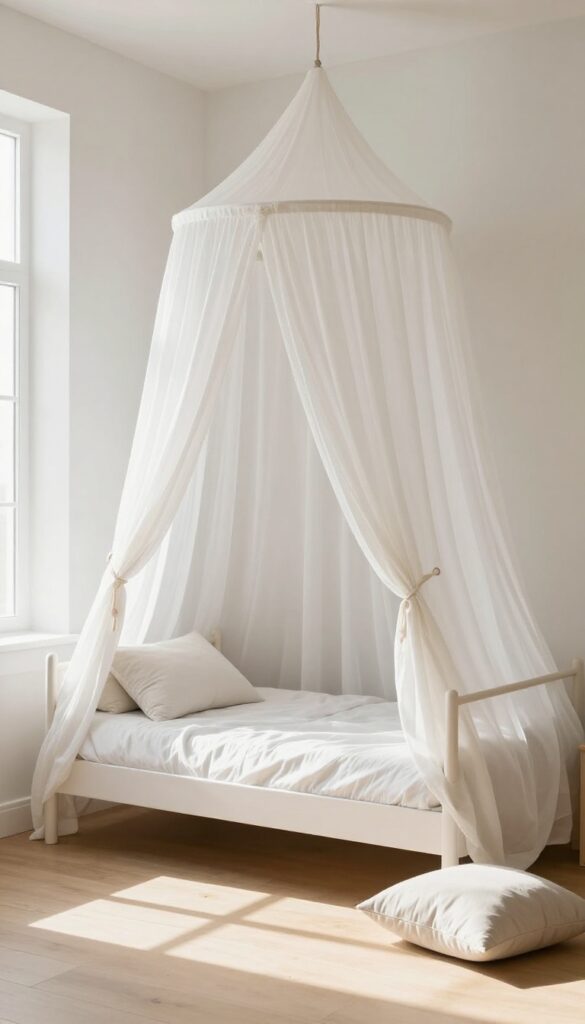 Ceiling-mounted white linen canopy over a twin bed in a bright, minimalist children's bedroom with natural light and cozy reading nook.