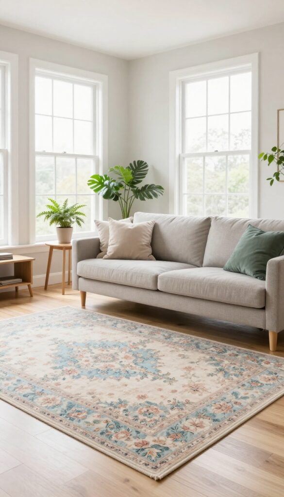 Light and airy living room with a faded vintage-inspired rug in pale blue, blush, and sage green, under a modern sofa and wooden coffee table, with natural light from large windows.