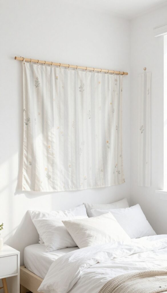 DIY fabric wall art hanging above a bed in a bright, minimalist bedroom