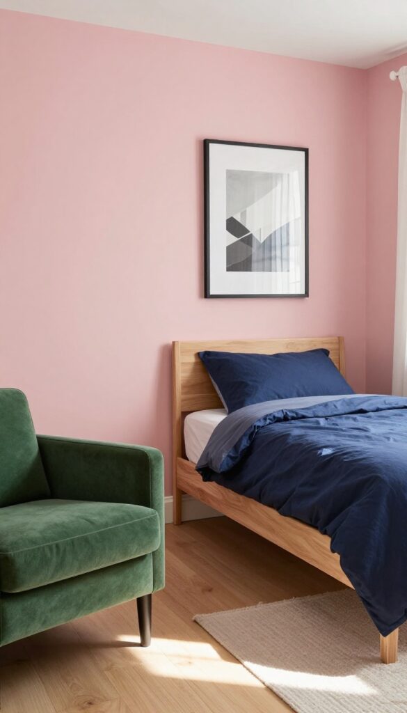 Boy's bedroom with blush pink walls, navy bedding, forest green armchair, and natural wood furniture