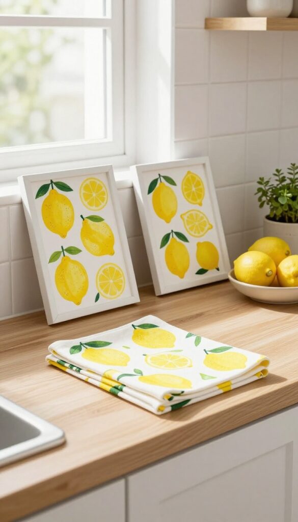 Framed lemon-print dish towels leaning against a kitchen backsplash with lemons and herbs nearby.