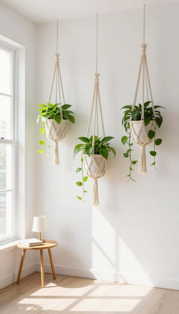 Macrame hanging planters with trailing pothos plants in a bright living room corner, saving surface space and adding greenery