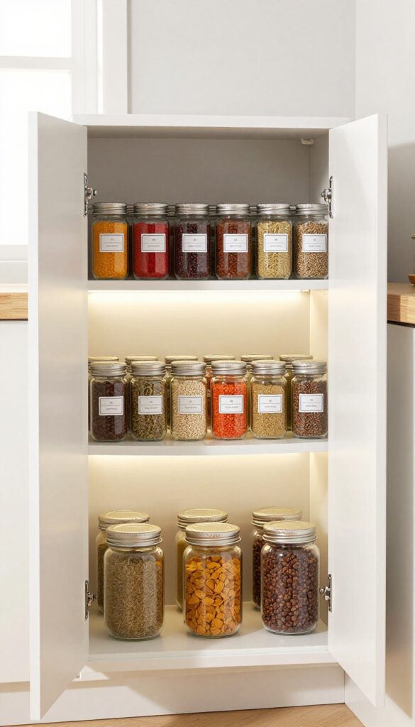 Open corner cabinet with two-tier lazy Susan holding neatly arranged spice jars in bright natural light