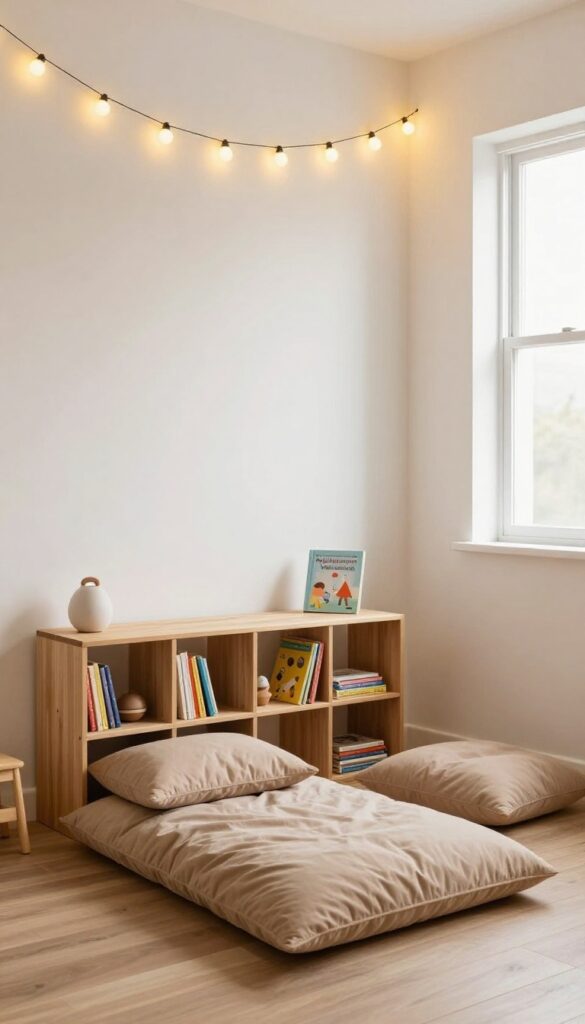 Cozy kids bedroom reading nook with floor pillows, low bookshelf, and fairy lights.