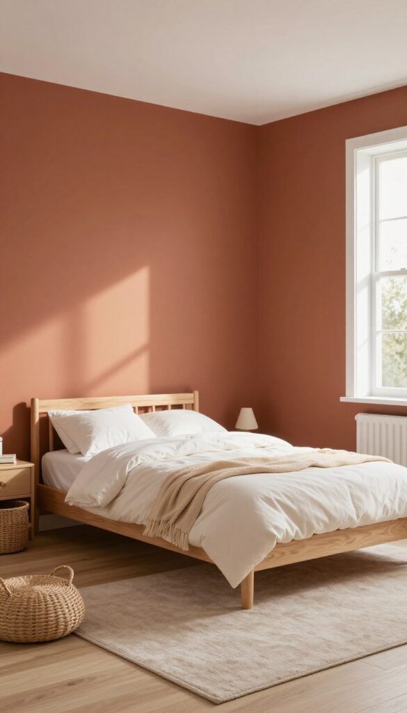Kids bedroom with a warm terracotta accent wall, natural wood bed, white bedding, and soft neutral decor in natural light.