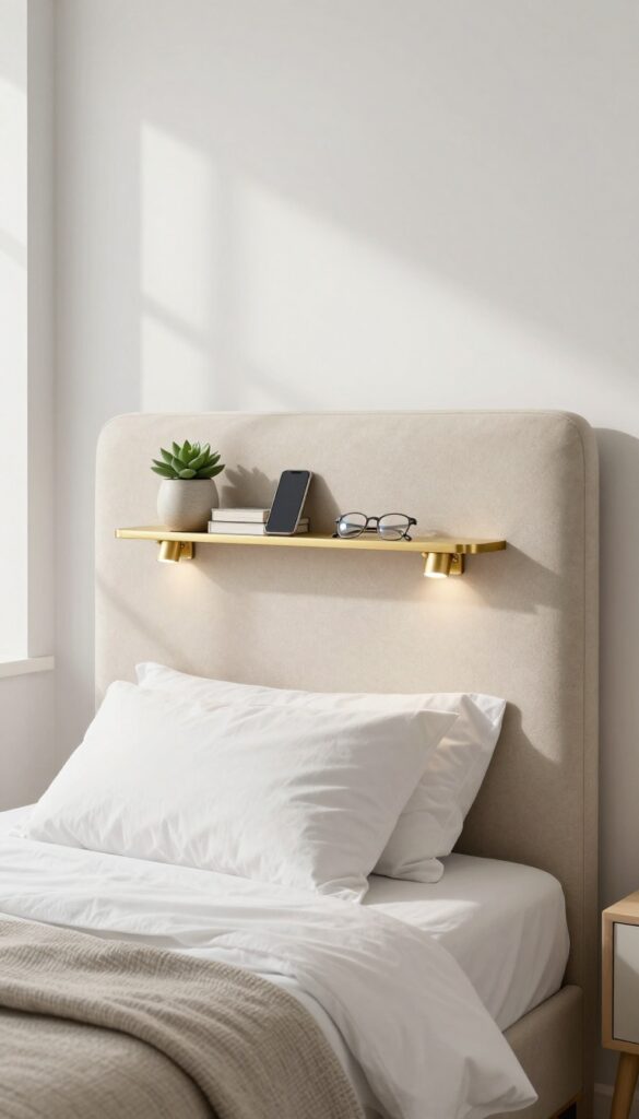 Bedroom with headboard featuring built-in reading lights and shelf for storage