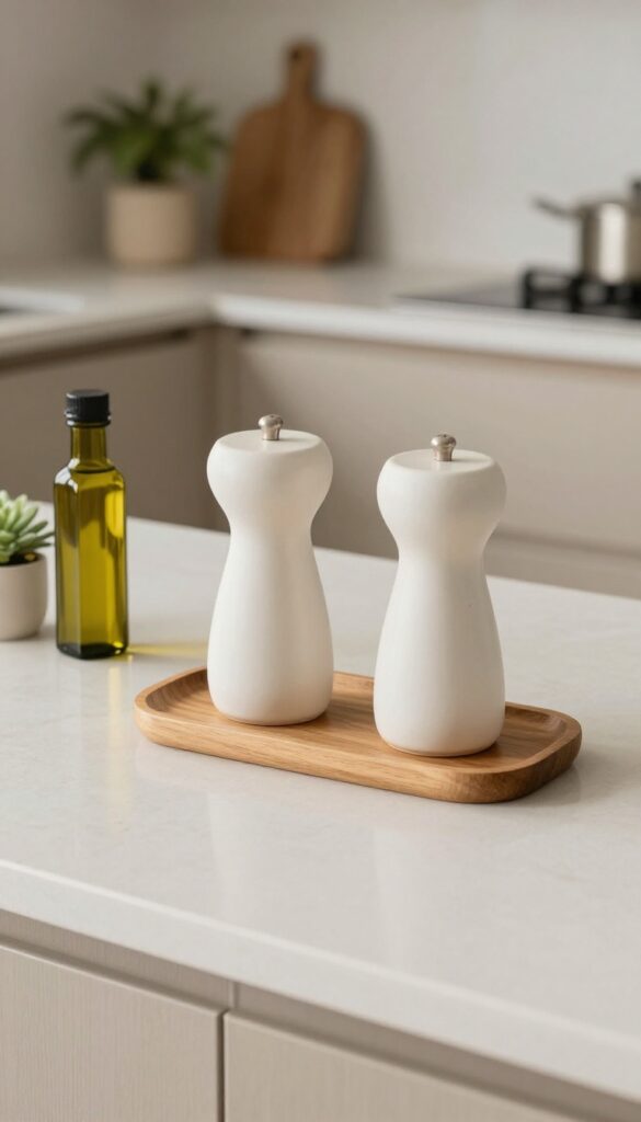 Sculptural salt and pepper mills on a wooden tray with olive oil and a small plant on a kitchen countertop