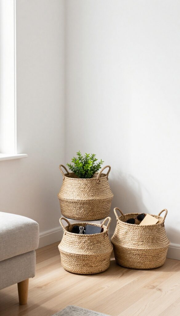 Wall-mounted woven baskets in a bright living room, holding keys, mail, and a plant, with natural light.