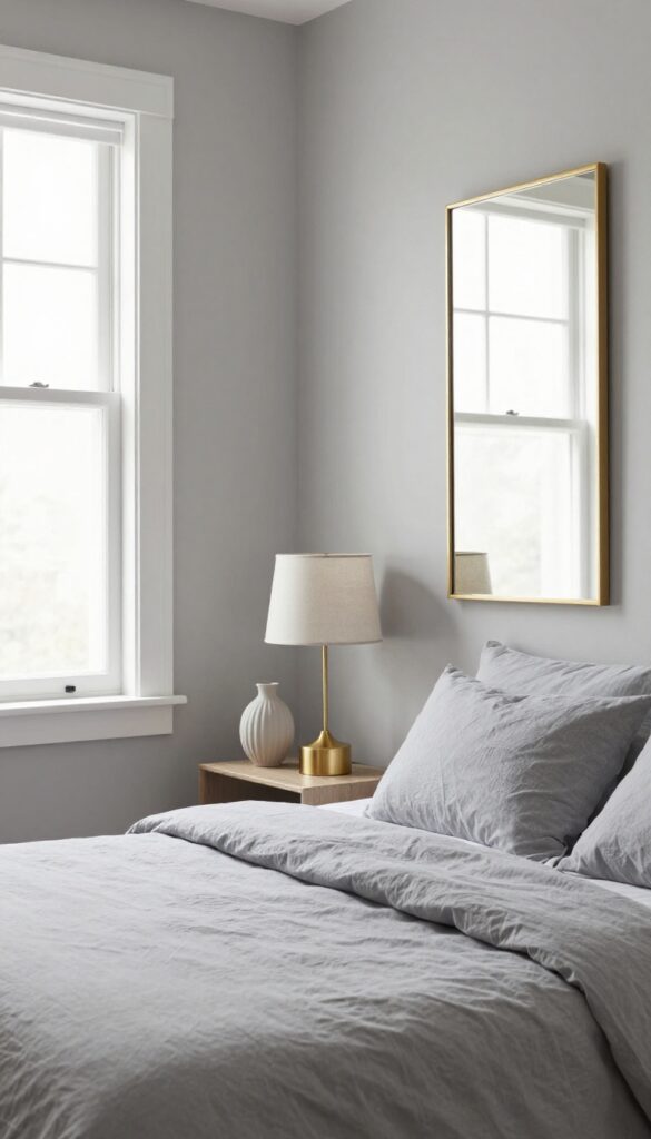 Grey bedroom with gold metallic accents including a lamp, vase, and framed mirror, reflecting natural light.