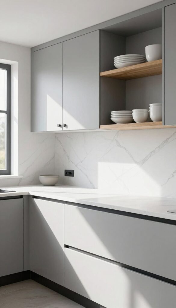 Light grey kitchen with white marble backsplash, soft grey veining, matte black fixtures, white quartz countertops, open shelves with white dishes, bright natural light.