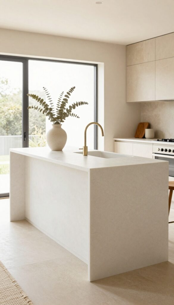 Minimalist slab kitchen island with creamy white quartz, brushed brass legs, and a single vase of eucalyptus, in a bright airy kitchen.