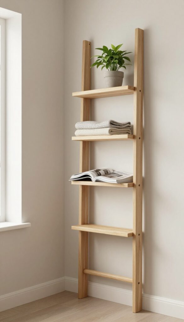 Slim wall-mounted ladder shelf with folded blankets and a plant in a small bedroom