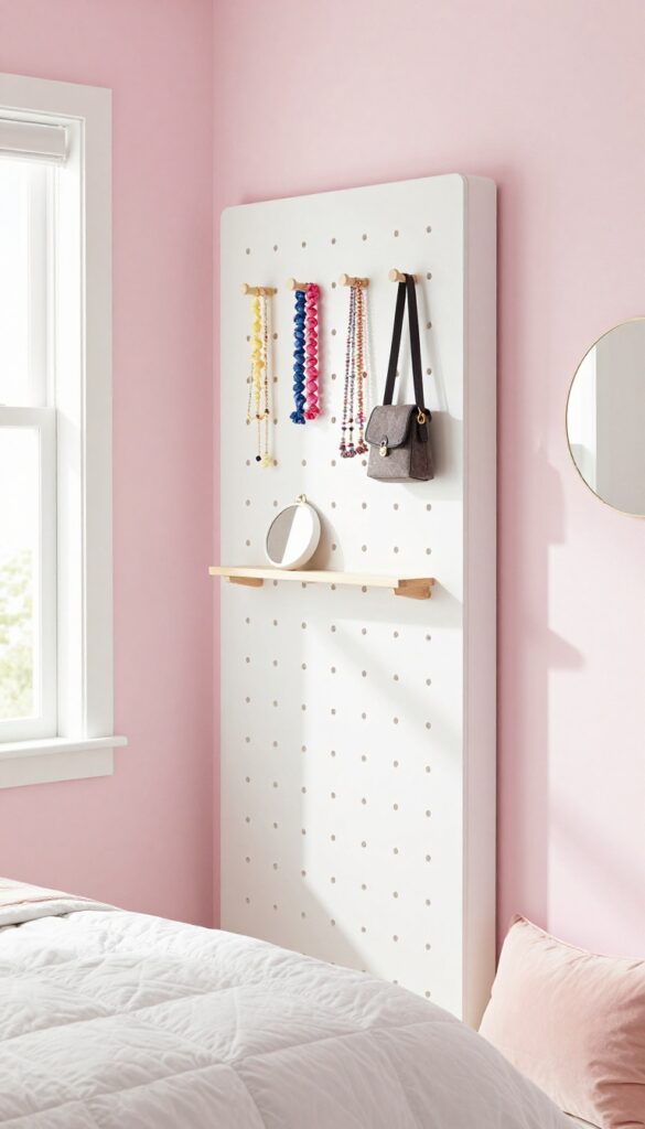 Girl's bedroom with a pastel pink pegboard displaying accessories like hair ties and bracelets, with a small mirror beside it.