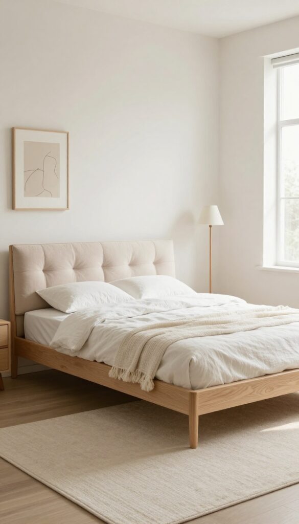 Small bedroom with low-profile bed frame, blush tufted headboard, neutral bedding, tall floor lamp, wall art, and natural light.