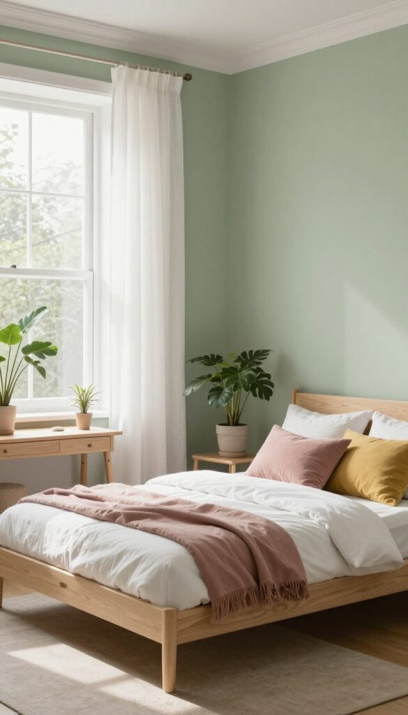 Sage green walls with white trim in a girl's bedroom featuring light wood furniture, white linen curtains, and leafy plants.