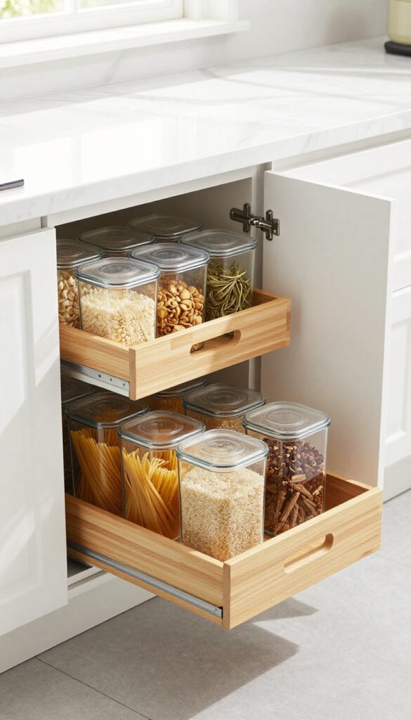 Slim pull-out pantry drawer between fridge and cabinet, organized with clear containers and bamboo tray in a bright modern kitchen