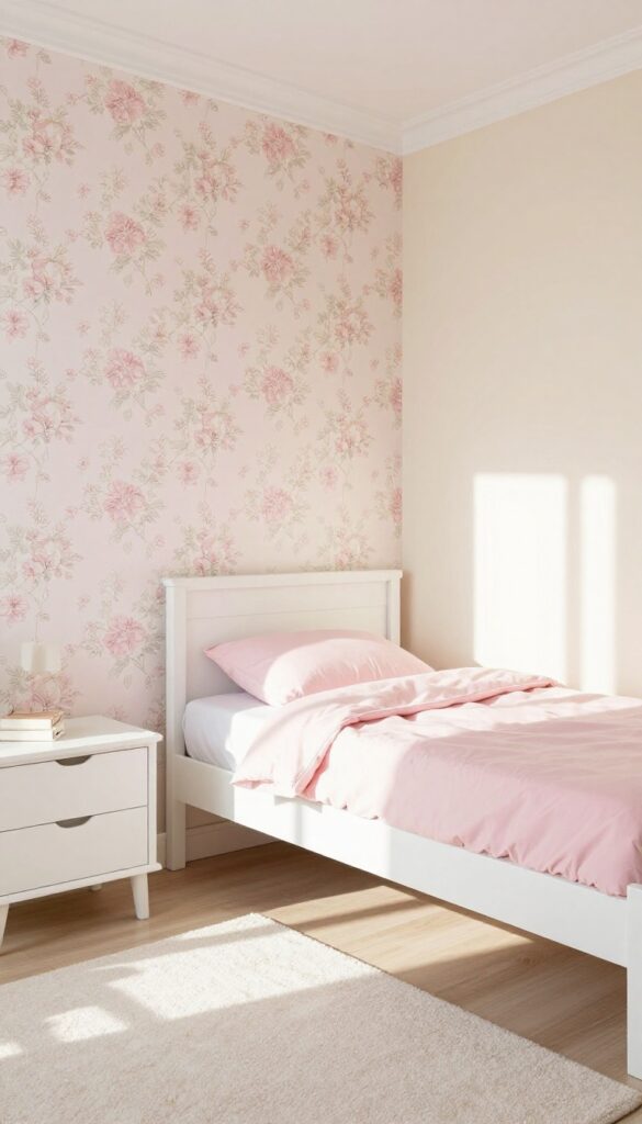 Girl's bedroom with floral removable wallpaper accent wall, white bed with pink bedding, natural light