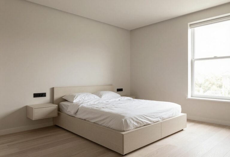 Small bedroom with king size bed and built-in storage drawers