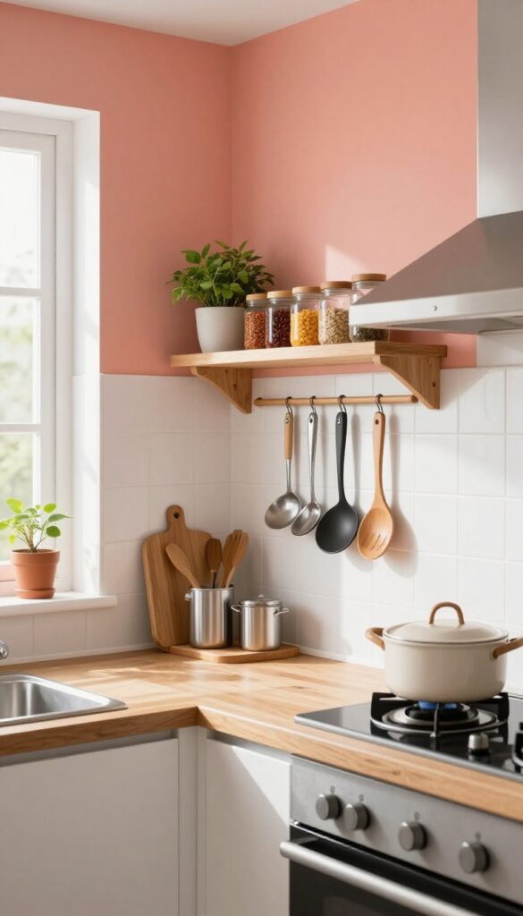 Small Indian kitchen with a coral pegboard holding utensils, spice jars, and a plant on a shelf above, bathed in natural light.