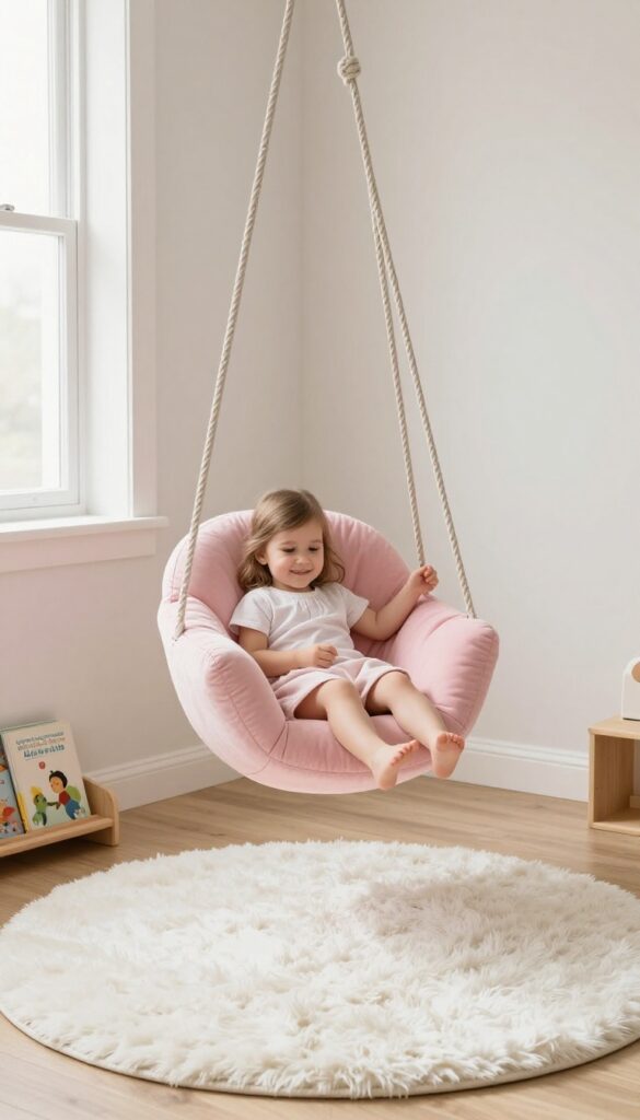 A pastel pink hanging chair in a bright, airy corner of a toddler girl's bedroom, with a fluffy rug and a small bookshelf.