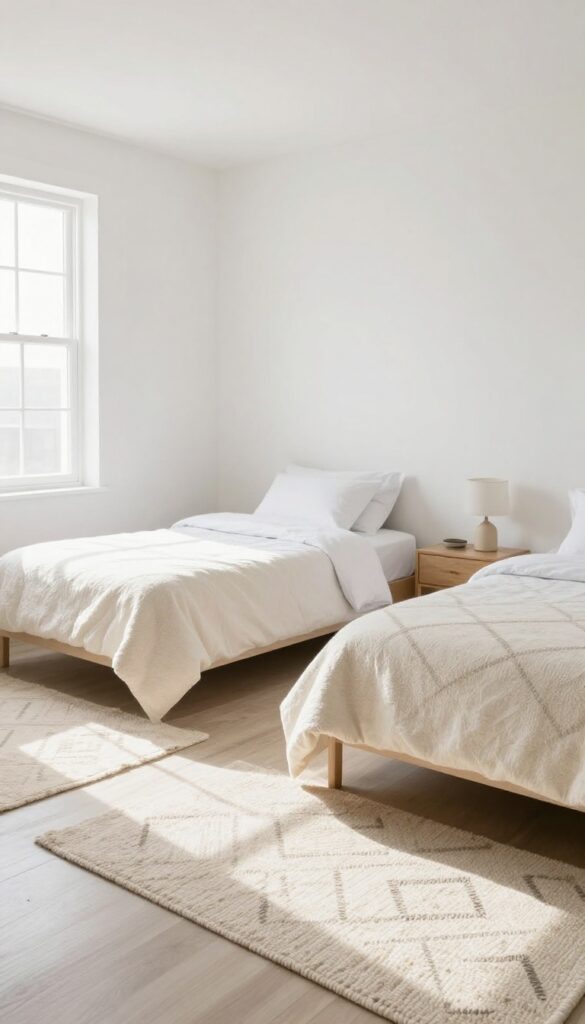 Two twin beds in a shared bedroom, each with a different rug underneath to define personal space, bright natural light, clean composition.
