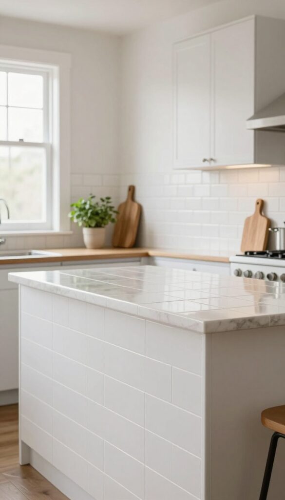 Glossy white tile worktop in a bright kitchen with natural light and wood accents