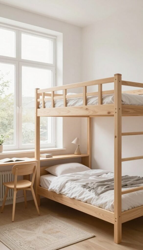 Small bedroom with a lofted bed over a desk and reading nook, maximizing vertical space.