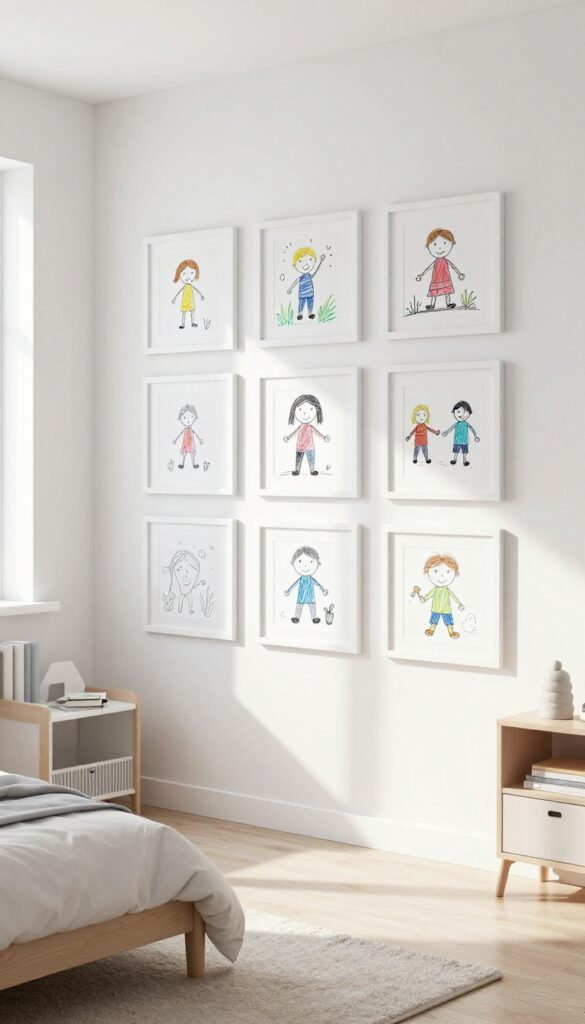 Gallery wall of children's artwork in simple white frames in a modern kids bedroom