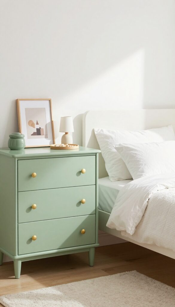 A sage green dresser with brass knobs in a bright, airy preteen girl's bedroom, styled with a lamp, jewelry tray, and framed photo.