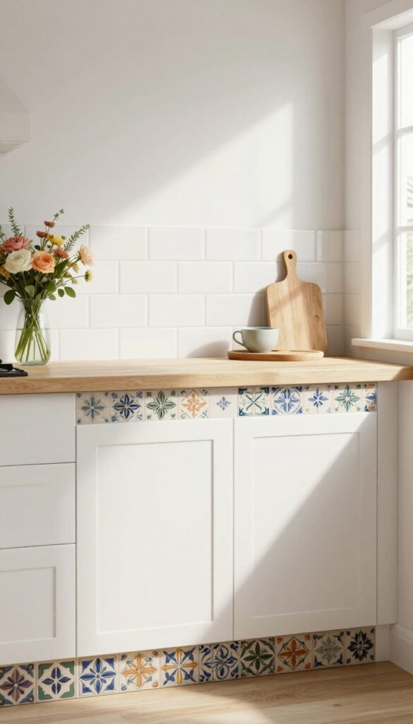 Kitchen island with hand-painted Spanish tile border in muted blues, greens, and ochres, white cabinets, wood tones, natural stone countertop, bright natural light.