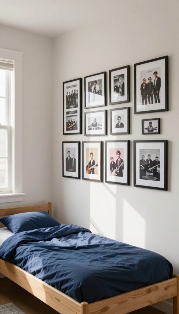 Preteen boy's bedroom with a gallery wall of framed posters and artwork on a budget.
