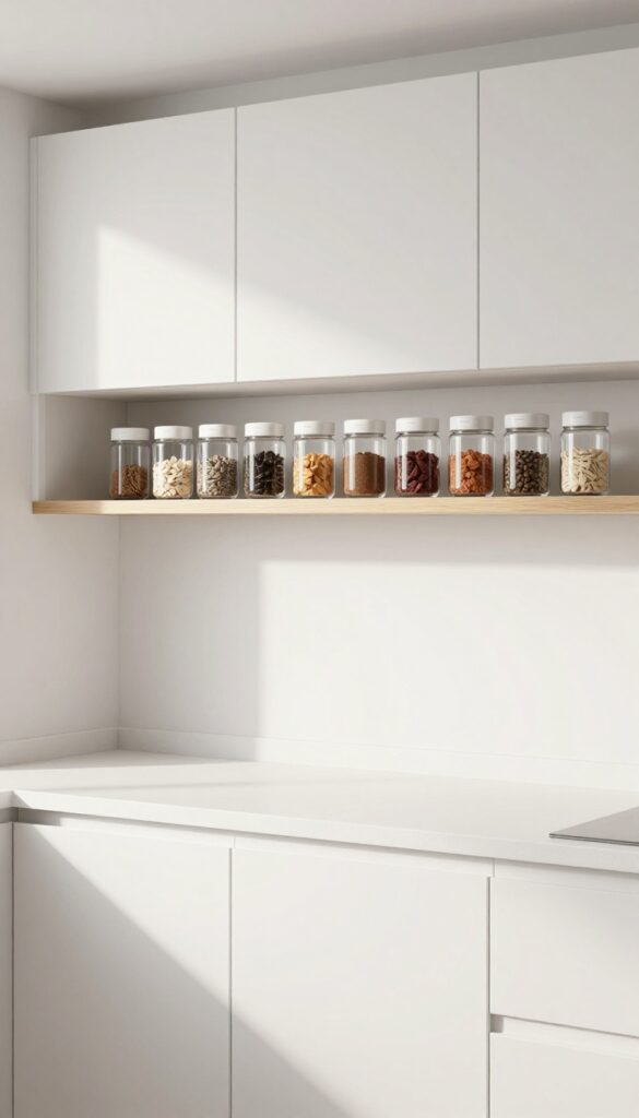 Under-cabinet spice shelf with clear glass jars in a bright, organized kitchen