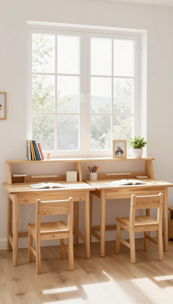 Two children's desks side by side with a shared shelf above in a bright, cozy bedroom.