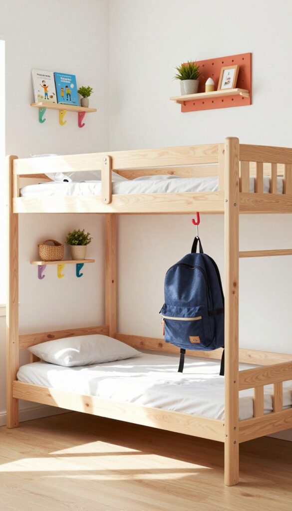 Two kids' bunk beds with warm terracotta pegboards above, holding shelves, hooks, baskets, books, and a backpack in a bright, cozy bedroom.