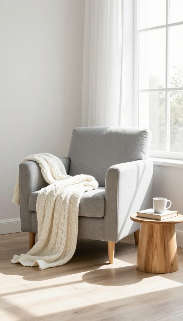 Cozy grey armchair reading nook by window in grey and white bedroom with throw and side table