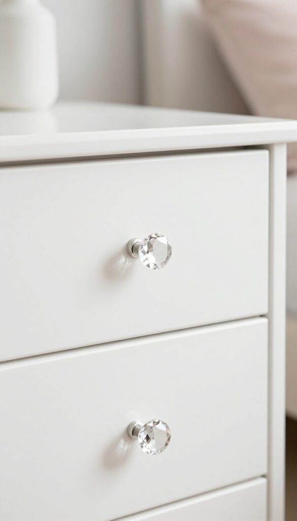 White dresser drawer with sparkling crystal knobs in soft natural light