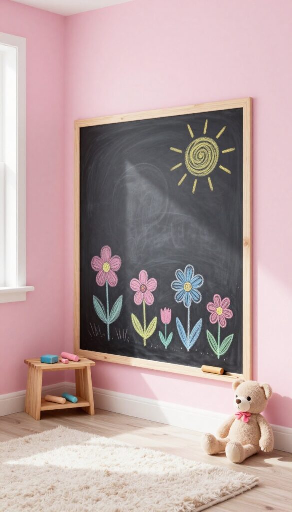 Toddler girl's bedroom with a DIY chalkboard wall in a cozy corner, featuring chalk drawings and a small shelf for chalk and eraser.