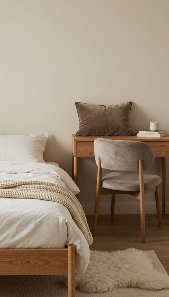 Cozy small bedroom with layered textiles on hard surfaces