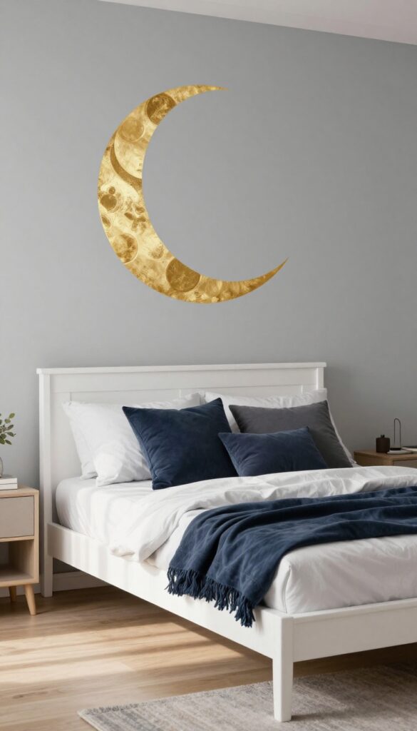 Boy's bedroom with moon phase wall decals above headboard, navy and charcoal pillows, soft natural light.