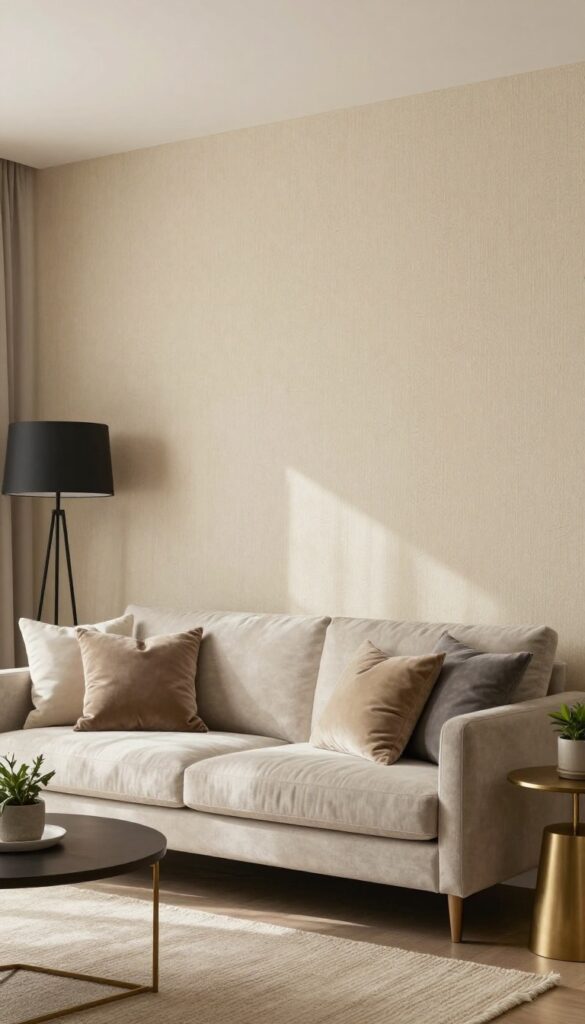 Living room with grasscloth wallpaper accent wall, boucle sofa, and brass lamp in natural light