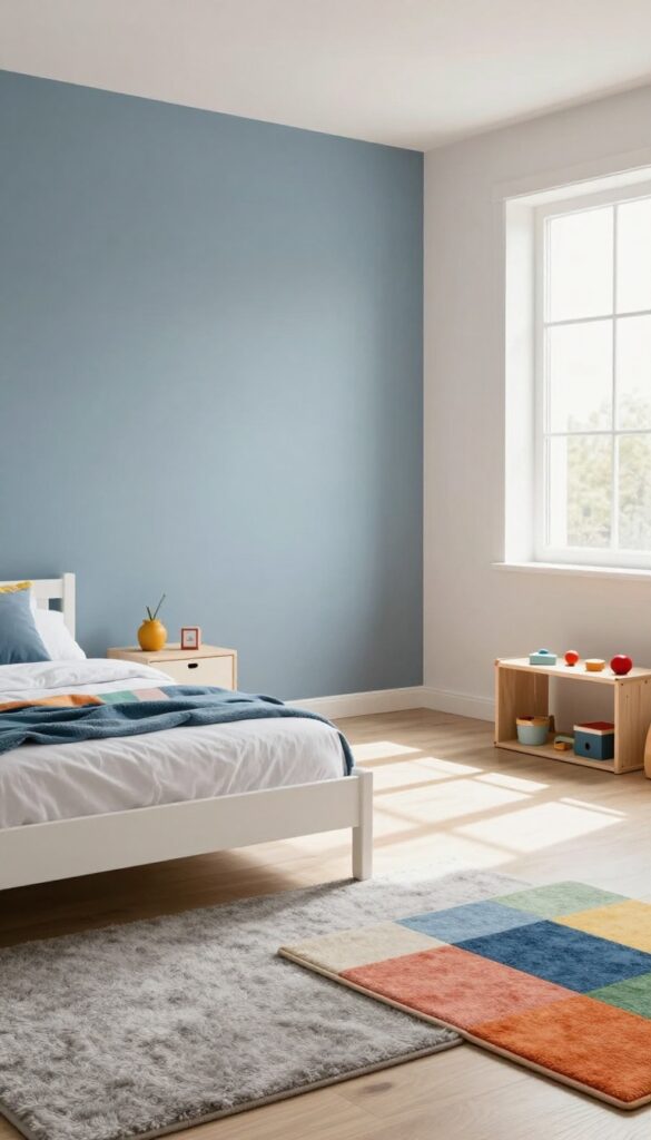 Small kids' bedroom with color-coded zones using rugs and painted accent wall, featuring a sleeping area and a play area.