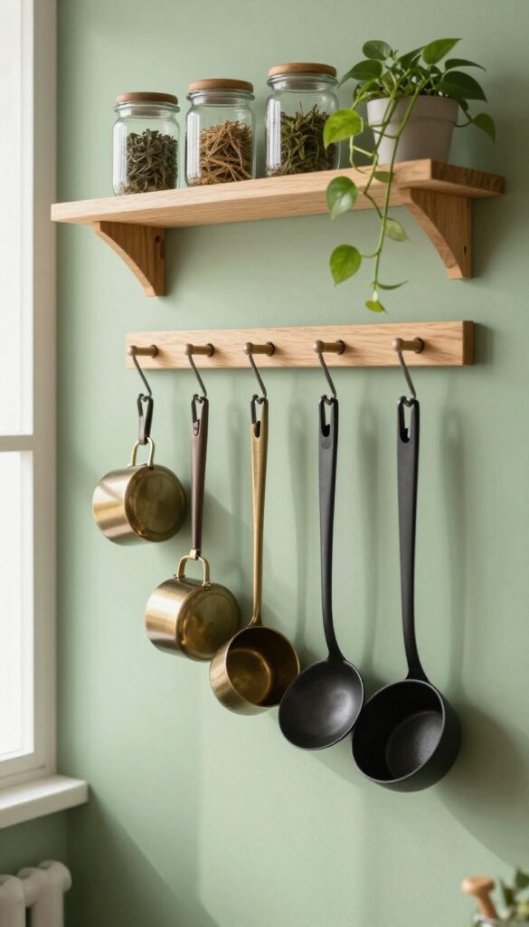 Warm wood pegboard in kitchen store room with hanging utensils and herbs