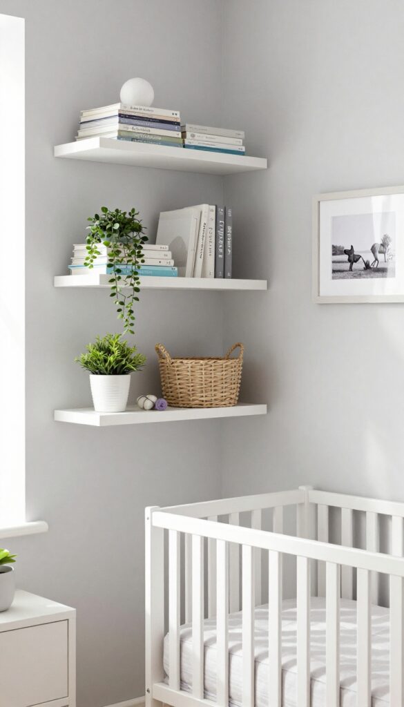 Floating shelves in a nursery-guest room displaying books, a plant, and a framed photo, with a crib below.