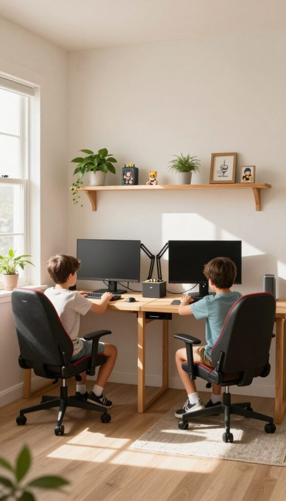 Shared desk setup for sibling gamers with two monitors, cable management, and personal shelves in a bright bedroom.