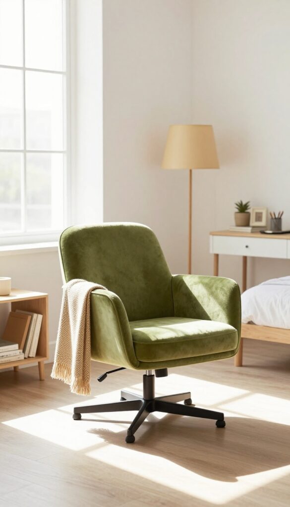Teenage boy's bedroom with a compact olive green velvet swivel chair placed at an angle near a window, beside a bookshelf, with a woven throw blanket and floor lamp, natural light, minimalist decor.