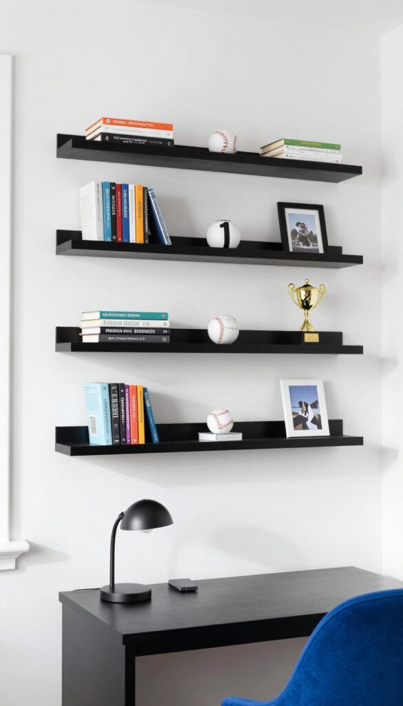 Floating shelves in a preteen boy's bedroom displaying books, a baseball, a framed photo, and a trophy, with a desk below, natural light, organized and spacious.