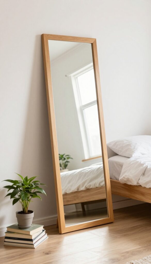 A full-length mirror leaning against a wall in a small bedroom, reflecting natural light, with a plant and books beside it.